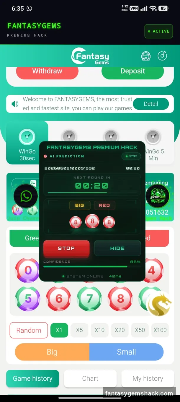 Wingo prediction hack panel for FantasyGems latest version showing next result prediction